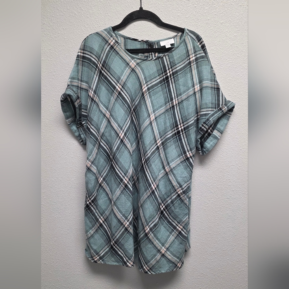 J. Jill Mint Green Plaid Roll-Sleeve Blouse